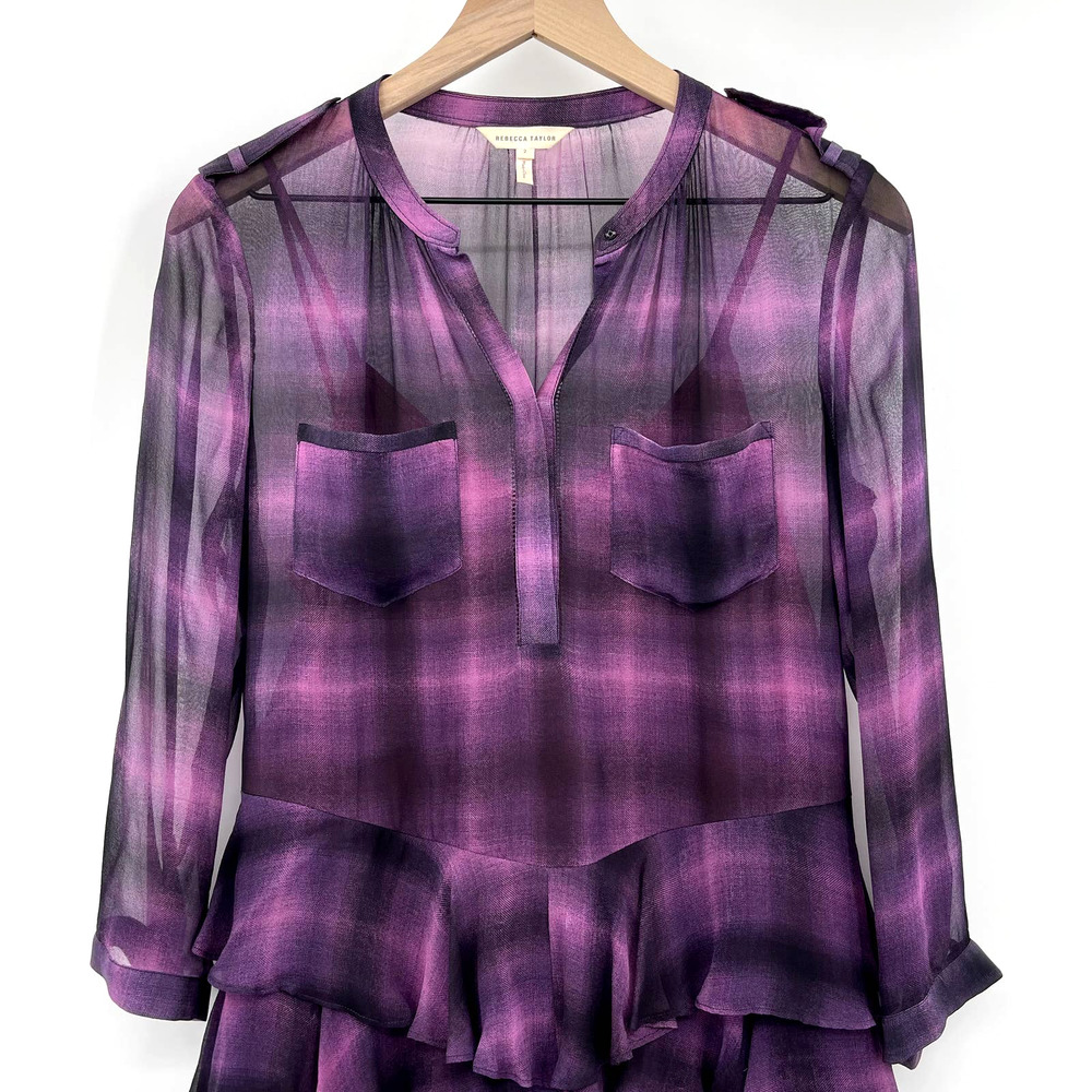 Rebecca Taylor Long Sleeve Plaid Ruffle Dress in Berry Size 2 Purple Black Sheer - Picture 6 of 16